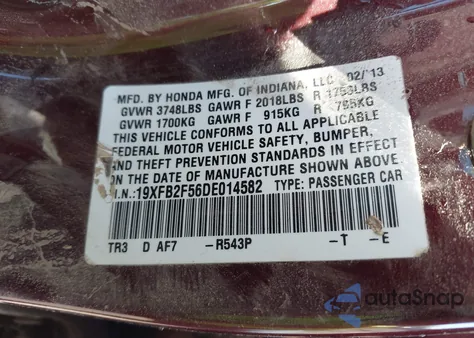 2013 Honda Civic Lx z USA, uszkodzony, nr VIN 19XFB2F56DE014582